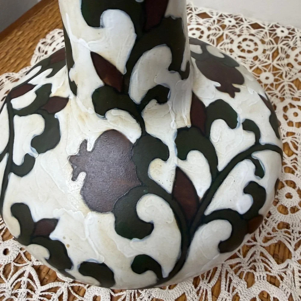 Ivory Crackle Glaze Bottle Vase Chinoiserie Olive Oxblood Vine 10